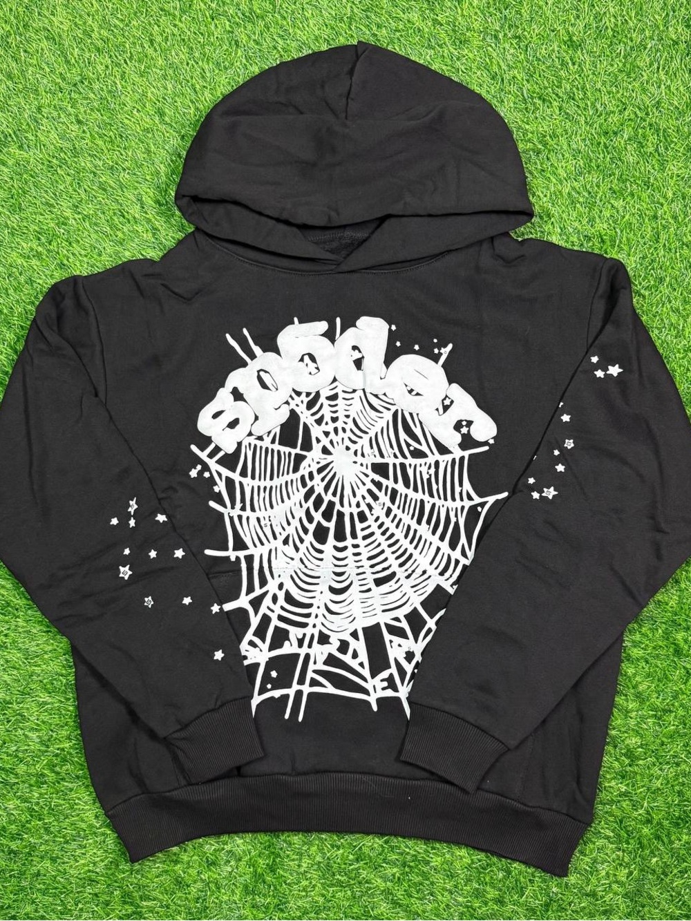 Men's Black Crewneck Hoodie Sweater with White Spiderweb Graphic